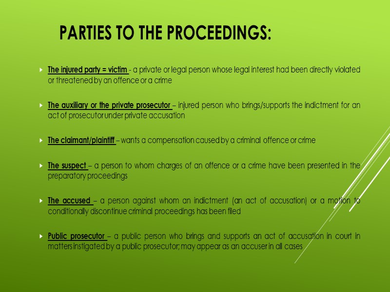 PARTIES TO THE PROCEEDINGS: The injured party = victim - a private or legal